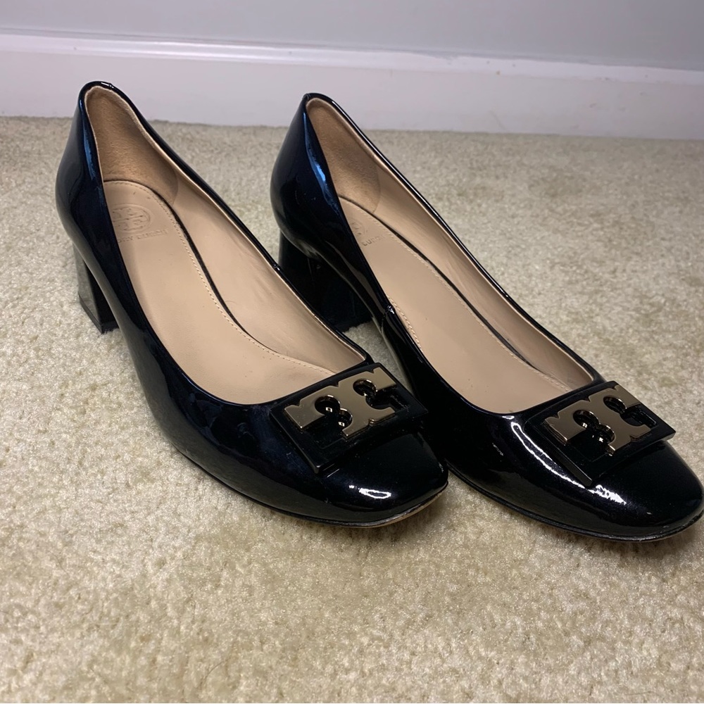 Tory Burch Black Patent Leather Flare Block Heel Pump